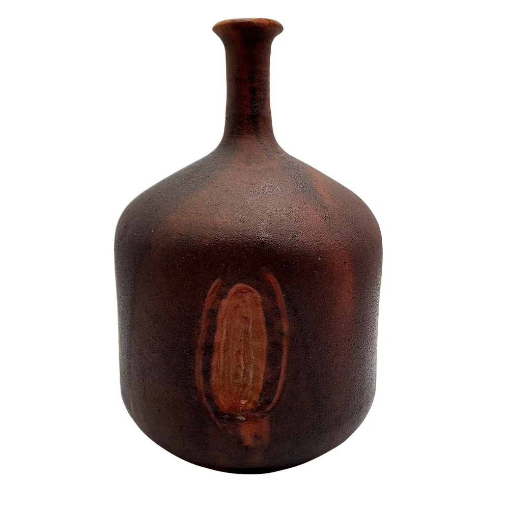 Scandinavian Bottle Neck Art Pottery Vase Modern Ceramic Matte Brown Mid Century
